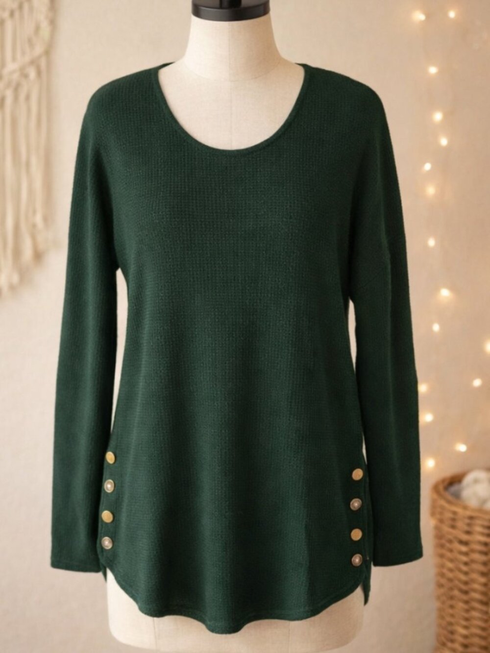 Michael Kors Waffle Knit Tunic M Quiet Luxury Preppy Forest Green Gold Buttons